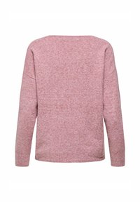 Pull léger rose avec une finition douce et texturée, présentant une coupe décontractée et un design à épaules tombantes. L'arrière est uni avec un col rond.