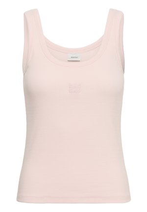 Svetlo roza rebrasta brezrokavnik z izrezom v obliki črke U in majhnim vtisnjenim dvojim G logotipom na sredini prsnega koša.