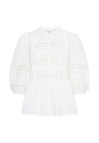 Blusa bianca con maniche a sbuffo, dotata di dettagli in pizzo e chiusura con bottoni, tessuto testurizzato e orlo arricciato.
