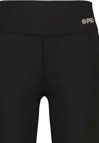 Svarta leggings i stretchig tyg, med en bred midjeband och en liten grå logotyp. Slät yta med platta sömmar.