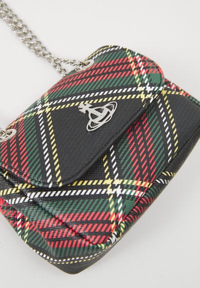 Black plaid crossbody bag with red, green, and yellow accents, featuring a flap closure, silver hardware, and a chain strap.