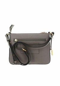 Sac bandoulière gris texturé avec fermeture éclair, poche avant et ferrures dorées. Bandoulière réglable pour plus de polyvalence.