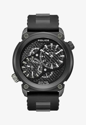 Orologio da polso nero con quadrante testurizzato a motivo esagonale, doppio fuso orario, accenti argentati e cinturino in silicone. Caratterizzato da grandi indici luminosi delle ore.