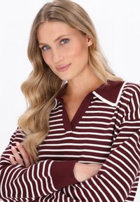 Maglione a righe bordeaux con righe bianche, colletto a V, maniche lunghe, texture morbida. Presentato in un primo piano con le braccia incrociate.