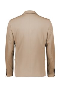 Beiger, maßgeschneiderter Blazer aus glattem Stoff, mit strukturierter Kragenform, zwei Seitentaschen und ein-Knopf-Manschetten. Rückansicht gezeigt.