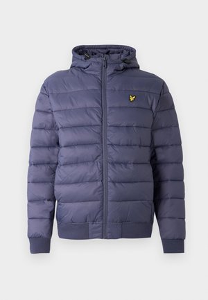 Navy puffer jacket with a zip closure, ribbed cuffs, and a hood. Features quilted design and a small yellow logo on the chest.