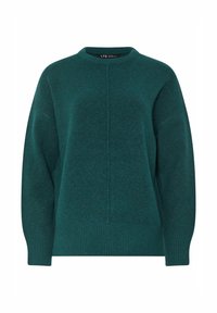 Zielony, oversize sweter z prążkowanym dekoltem i mankietami; ma centralny szew oraz miękką, teksturowaną tkaninę.