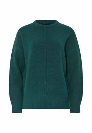 Zielony, oversize sweter z prążkowanym dekoltem i mankietami; ma centralny szew oraz miękką, teksturowaną tkaninę.