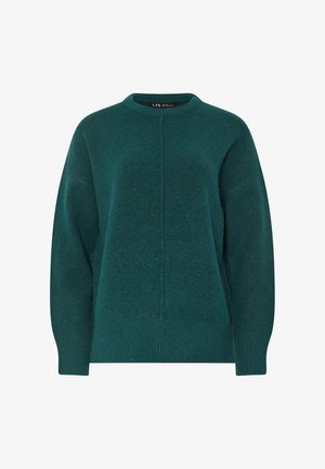 Teal oversized trui met een geribbelde halslijn en boorden; heeft een centrale naaddetail en zachte, textuurstof.