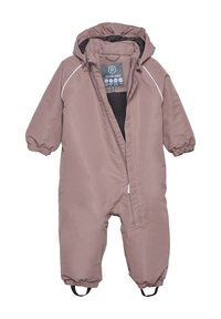 Rosa vattentät overall med huva, elastiska ärmslut och framsida med dragkedja. Har förstärkningsremmar på benen och ett inre foder.