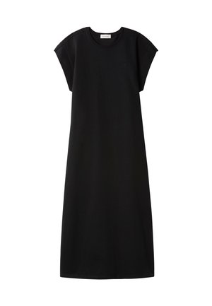 Vestido midi negro sin mangas con escote redondo, logo sutil en el pecho y costuras de hombro ligeramente extendidas.