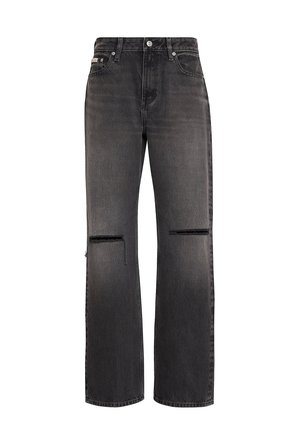 Schwarze Jeans mit geradem Bein, mit horizontalen, abgenutzten Schlitzen an beiden Knien und klassischem Fünf-Taschen-Design.