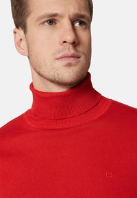 Czerwony sweter z wysokim kołnierzem z ribbowanej dzianiny, z delikatnym logo na piersi. Miękka tekstura, dopasowany krój.