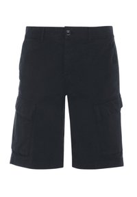 Pantaloni cargo neri con due tasche laterali, chiusura a bottone e design a gamba dritta. Realizzati in tessuto resistente con una superficie liscia.