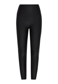 Fekete leggings sima, elasztikus anyagból, magas derékkal és látható varratok nélkül, amelyek testhez simuló és fokozatosan szűkülő kialakítással rendelkeznek.