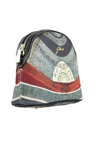 Sacchetto con zip realizzato in tessuto a motivi nei toni del blu navy, rosso e beige; forma arrotondata con rifiniture nere e dettagli in metallo.