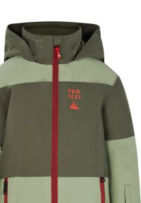 Grüne Skijacke mit Kapuze, ausgestattet mit einem kontrastierenden hellgrünen Einsatz, roten Reißverschluss und Logo auf der Brust. Glatte Textur, sportliches Design.