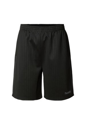 Fekete sportnadrág függőleges vékony csíkokkal, rugalmas derékrésszel, oldalzsebekkel és fényvisszaverő részletekkel. Lélegző anyagból készült.