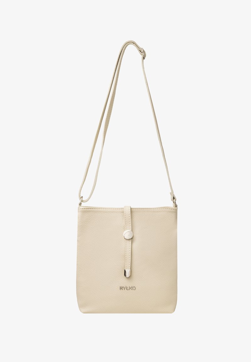 Borsa a tracolla in pelle color crema con una semplice forma rettangolare, dotata di chiusura a scatto e tracolla regolabile. Accenti in metallo argentato.