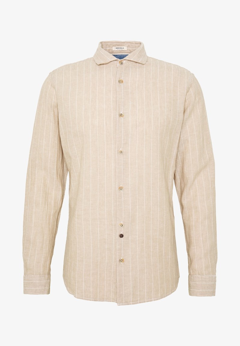 Chemise beige à manches longues avec des fines rayures verticales blanches et un col classique, présentée sur un fond blanc.