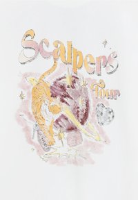 White t-shirt featuring a graphic design with a tiger, planet, stars, and the text "Scalpers Tour" in yellow and silver accents.