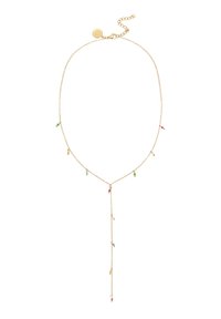 Collana dorata con catena delicata, caratterizzata da accenti di perline colorate in verde, blu, rosa e giallo, e una chiusura regolabile.