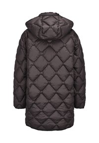 Dunkelgraue, gesteppten Daunenjacke mit Rautenmuster und angenommener Kapuze, von hinten gezeigt.