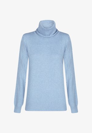 Suéter azul claro de cuello alto con mangas largas, hecho de una tela suave, con detalle de ribete en el dobladillo y los puños, textura suave en todo el largo.