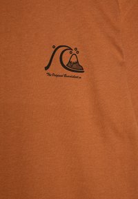 Tričko s krátkym rukávom v rust-oranžovej farbe, ktoré má čiernu vlnu a horu logo s textom "The Original Boardshort co" pod ním.