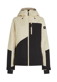 Herenjas in beige en zwart, met een textuurpatroon op de schouders, ritszakken en verstelbare manchetten. Inclusief capuchon.