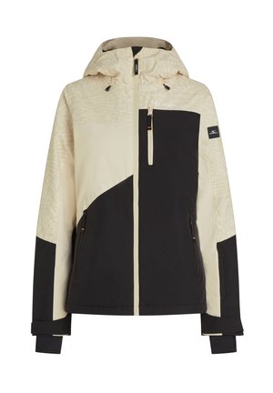 Herrejakke i beige og svart, med et teksturert mønster på skuldrene, glidelåslommer og justerbare mansjetter. Hetten er inkludert.