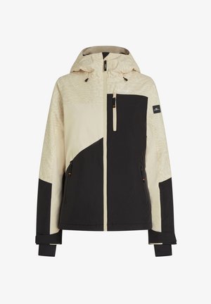 Herrejakke i beige og svart, med et teksturert mønster på skuldrene, glidelåslommer og justerbare mansjetter. Hetten er inkludert.