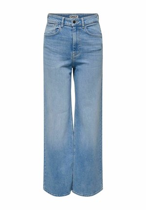 Vaaleansiniset korkeavyötäröiset leveälahkeiset farkut, joissa on etutaskut ja napillinen kiinnitys, ja vyötäröllä näkyvä "ONLY"-merkintä.