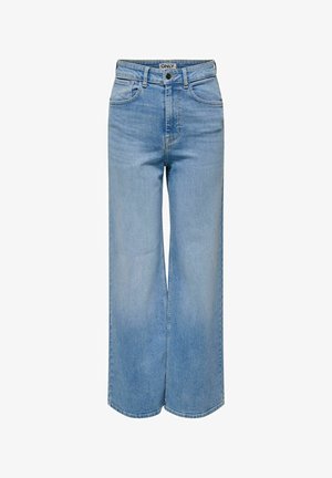 Svetlomodré džíny s vysokým pásom a širokými nohavicami, s prednými vreckami a zapínaním na gombíky, s viditeľnou nálepkou "ONLY" na páse.