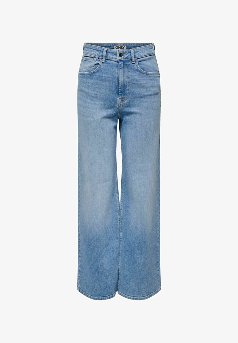 Svetlomodré džíny s vysokým pásom a širokými nohavicami, s prednými vreckami a zapínaním na gombíky, s viditeľnou nálepkou "ONLY" na páse.