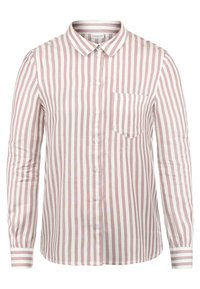 Camicia a maniche lunghe con bottoni, a righe verticali rosa e bianche, taschino frontale sul lato sinistro e colletto classico.