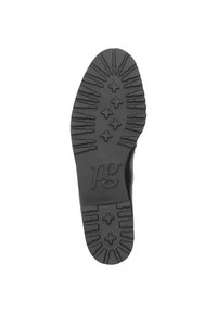 Zwarte rubberen schoenzool met een gestructureerd loopvlakpatroon, voorzien van ribbels en kruisdetaillering, en een reliëf 'pg' logo nabij de hak.