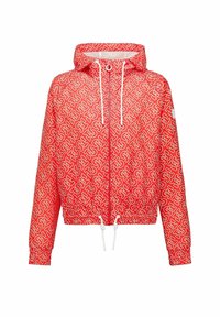 Rode windbreaker met capuchon, voorzien van een wit geometrisch patroon, een rits aan de voorkant, een taillekoord en elastische manchetten. Lichtgewicht stof.