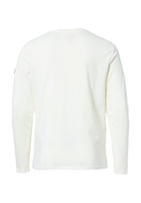 Langärmliges Hemd aus cremefarbenem Baumwollmaterial mit Rundhalsausschnitt, geradem Saum und minimalistischem Design ohne sichtbare Muster oder Akzente.