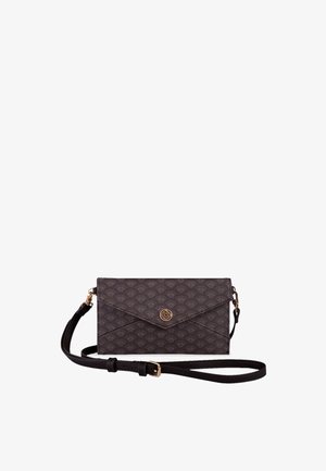 Textured dark brown crossbody bag with an envelope shape, featuring a gold-tone logo accent and a detachable strap.