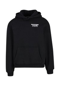 Black hoodie in cotton blend, featuring a front pocket, ribbed cuffs, and a graphic print in white on the upper left side.