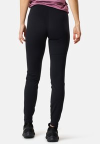 Black athletic leggings with a smooth texture, fitted design, and elastic waistband, paired with black sneakers.
