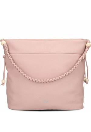 Sac à main rose doux avec bandoulière tressée agrémentée de perles en bois, forme légèrement molle, et petit logo de marque argenté centré en bas.