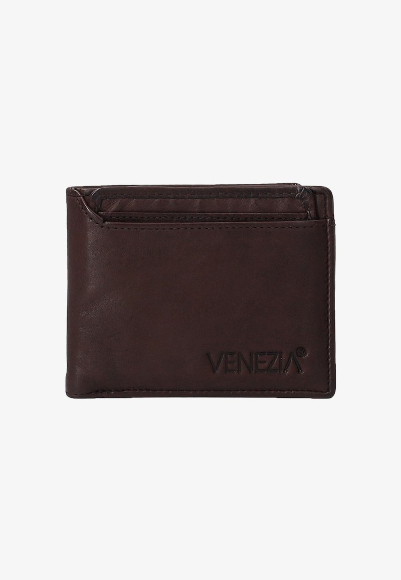Brown leather wallet with a textured finish, featuring multiple card slots and embossed "VENEZIA" logo on the front. Slim rectangular design.