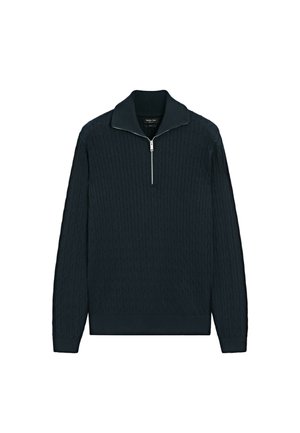 Maglione nero a maniche lunghe a trecce con collo a mezza zip e polsini e orlo a coste.