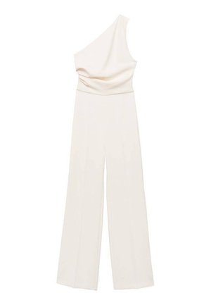 Hvid one-shoulder ærmeløs jumpsuit med vide ben og draperet bodice.