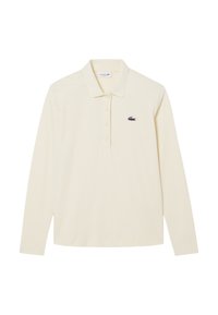 Camisa polo de manga larga en color crema claro, fabricada en material de algodón, que presenta un cuello clásico, una tapeta de tres botones y un pequeño logotipo bordado.
