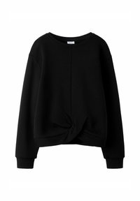 Sweat-shirt noir court avec un col rond, des manches longues et un détail noué à l'avant. Conçu en matériau doux et texturé.