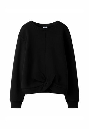 Sweat-shirt noir court avec un col rond, des manches longues et un détail noué à l'avant. Conçu en matériau doux et texturé.