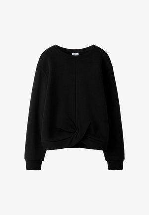 Sudadera corta negra con escote redondo, mangas largas y un detalle anudado en la parte delantera. Fabricada con un material suave y texturizado.